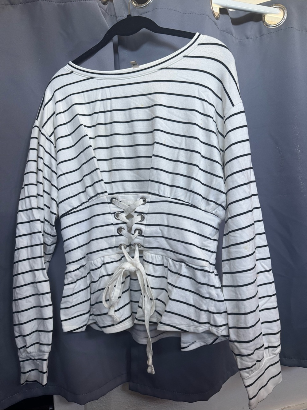 Express White & Black Striped Lace-Up Peplum Sweatshirt